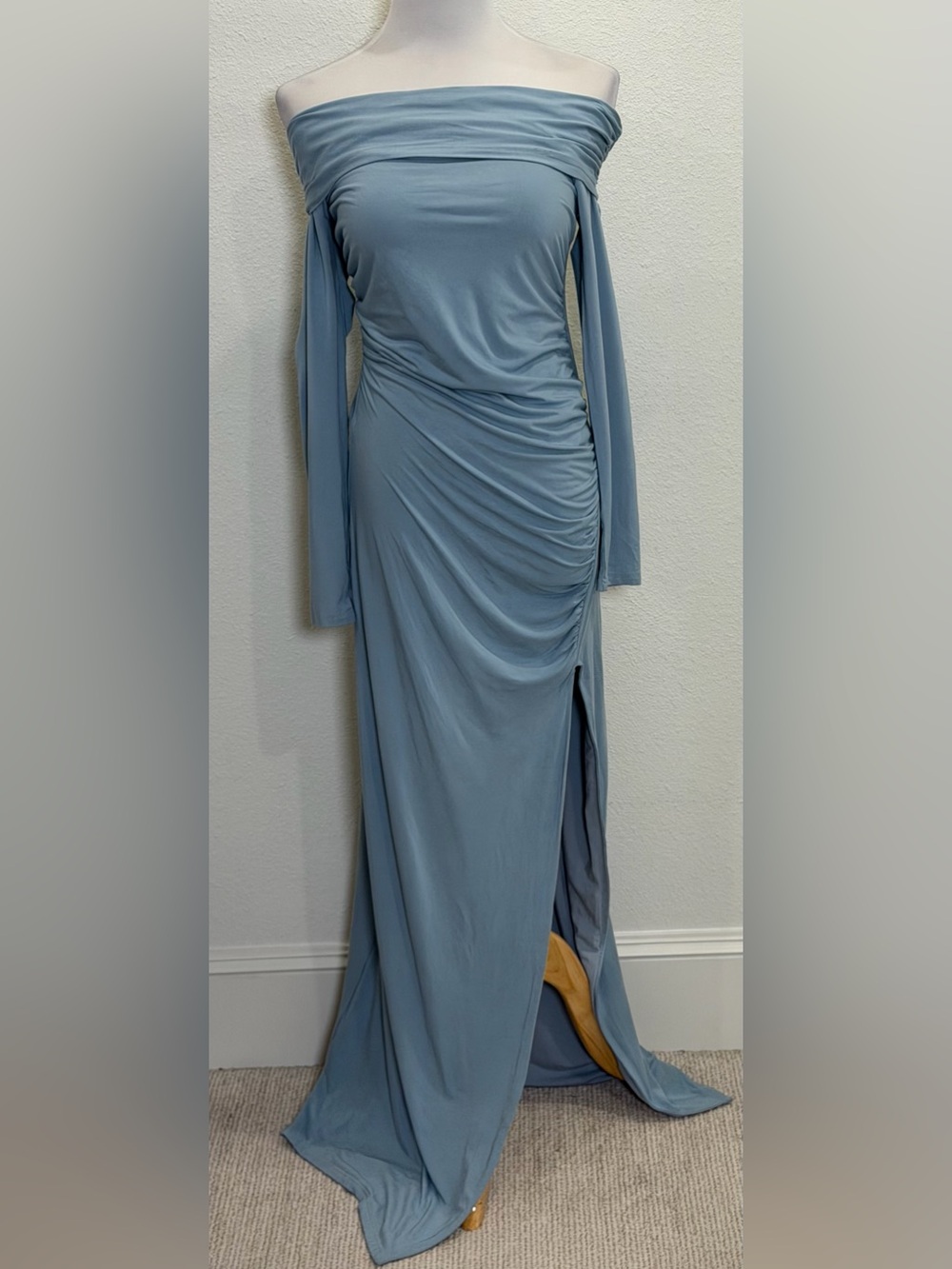 Bumpsuit Maternity Off the Shoulder Evening Maxi Dress Large Powder Blue Gown - Picture 3 of 10